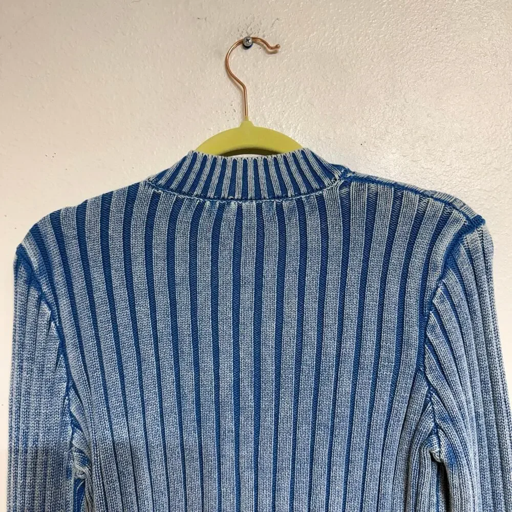 Forever 21 Blue Ribbed Full Zip Sweater Cropped Mock Neck Zip Up Sz L